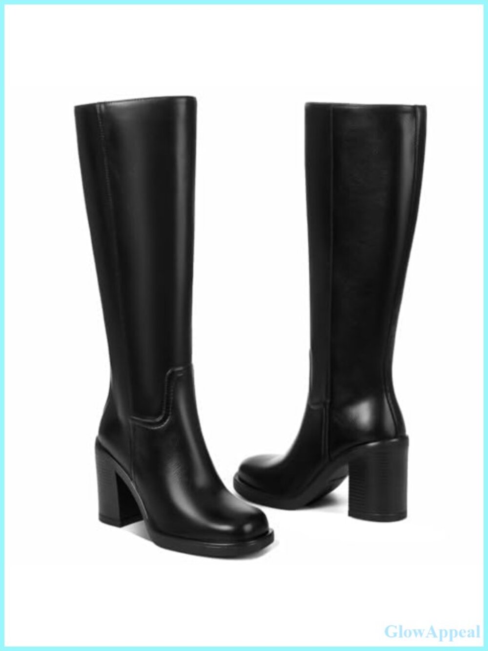 Faux Leather Knee High Boots 3.54" Chunky Block Heel Tall Gogo Square Toe
